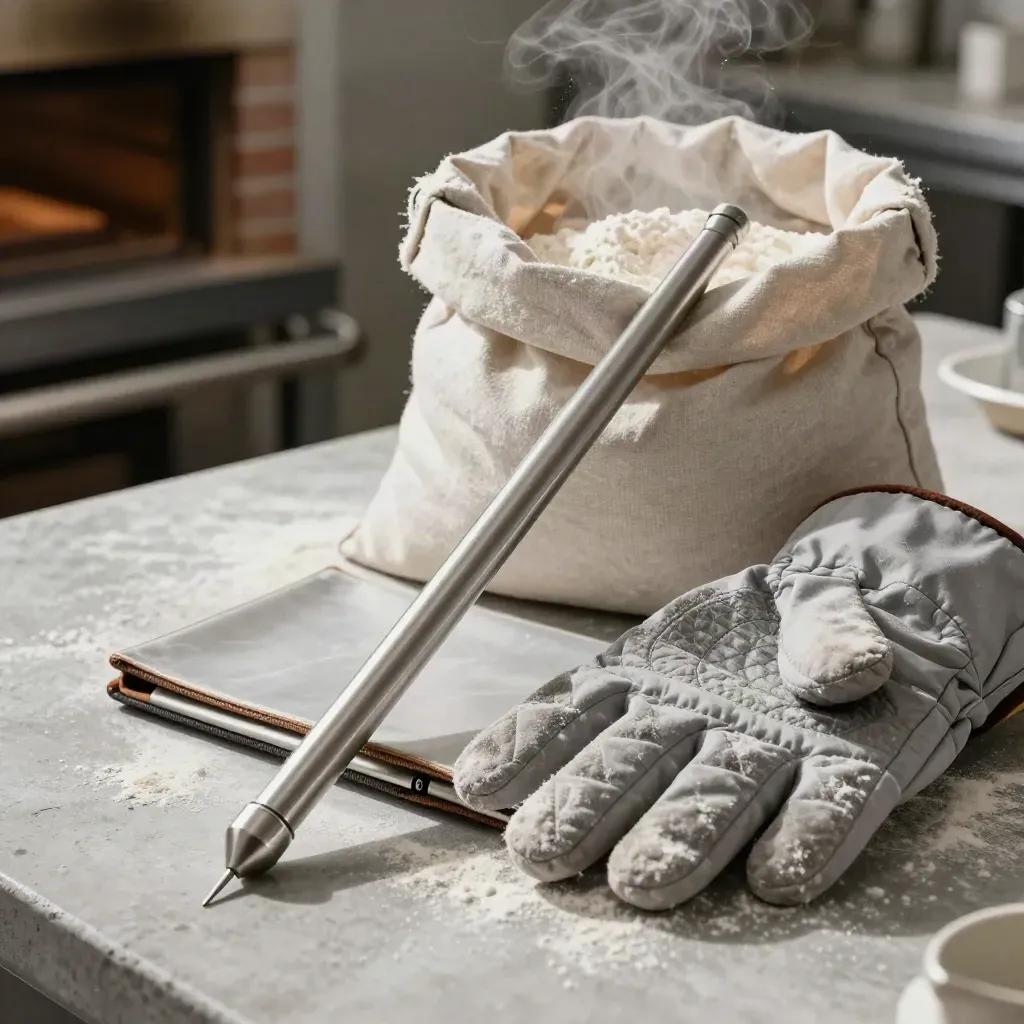 Termometro da forno, pala pieghevole e guanto ignifugo su piano in cemento con farina