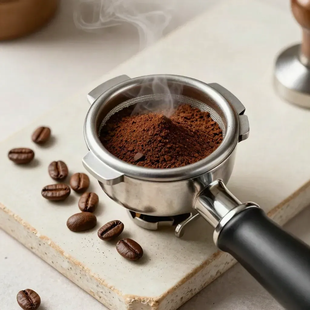Portafiltro, tamper, setaccio e chicchi di caffè su ceramica grezza, ripresa dall’alto.