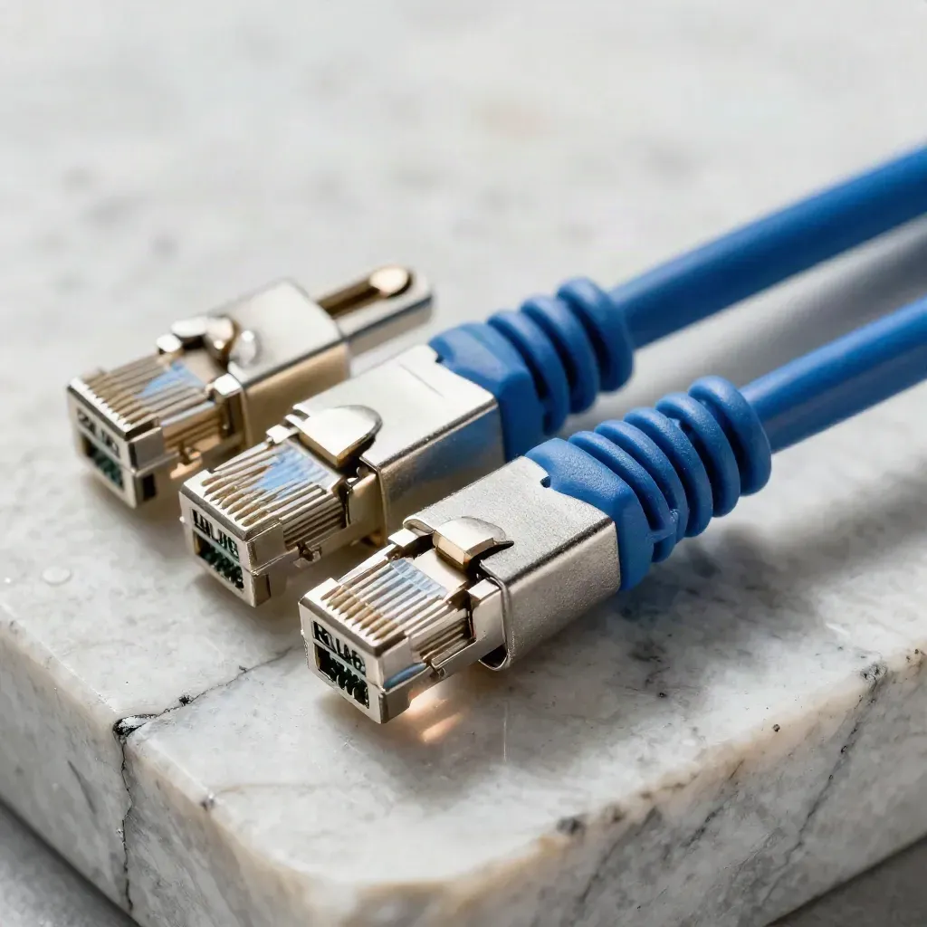 Connettore ethernet RJ45 che si innesta in un giunto metallico su pietra chiara.