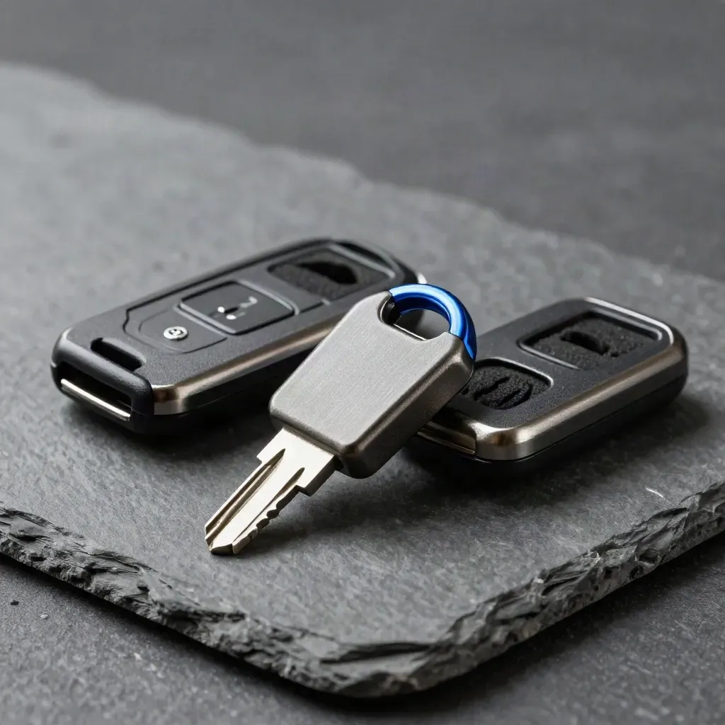 Tre chiavi USB in metallo, custodia aperta e inserti in schiuma su pietra grafite