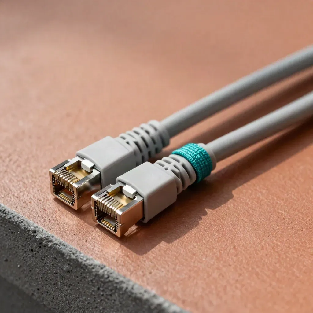 Connettori Ethernet RJ45 in linea con giunto e fascetta tessuta su fondo grigio-terracotta.