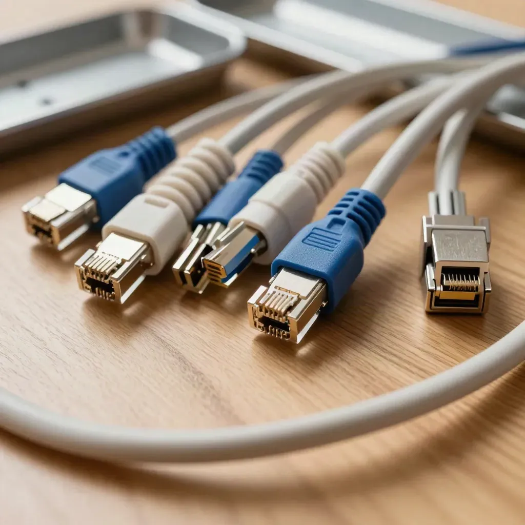 Cavi patch, adattatori RJ45 e switch metallico su banco chiaro, visti dall’alto