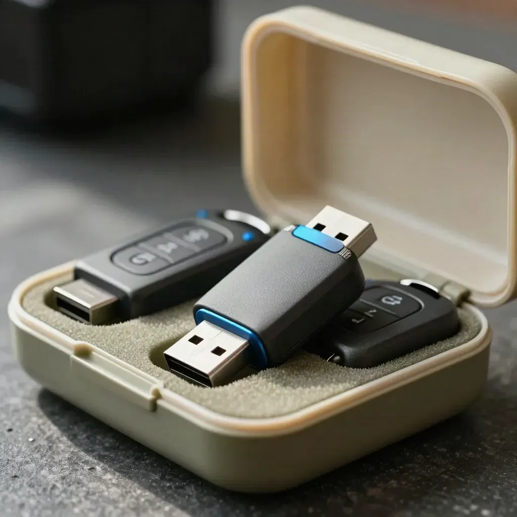 Tre chiavi USB hardware in custodia aperta con inserti in schiuma, su pietra scura e sfondo in bokeh.